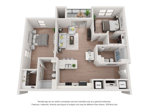 Floor plan for 2 beds, 2 baths, 1109 sqft